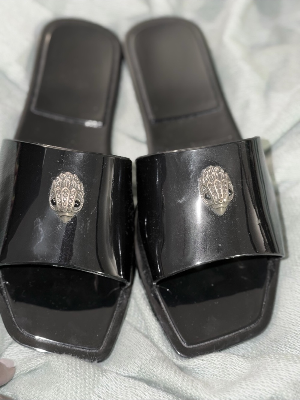Kurt Geiger Black Slide Sandals with Silver Emblem - Picture 7 of 8
